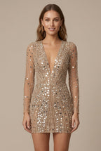 Women's Sequin Mini Dress - Deep V-Neck Long Sleeve Bodycon