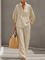 Maribel | Linen Set with Batwing Sleeves and Wide Pants