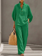 Maribel | Linen Set with Batwing Sleeves and Wide Pants