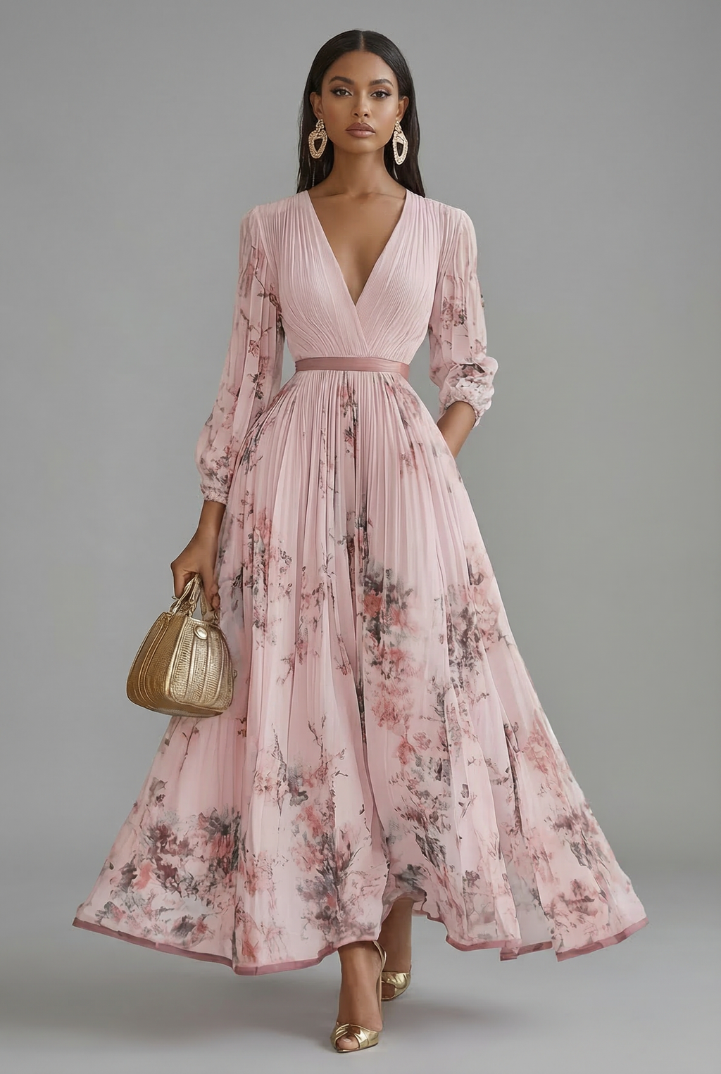 Floral V-Neck Long Sleeve Maxi Wedding Guest Dress