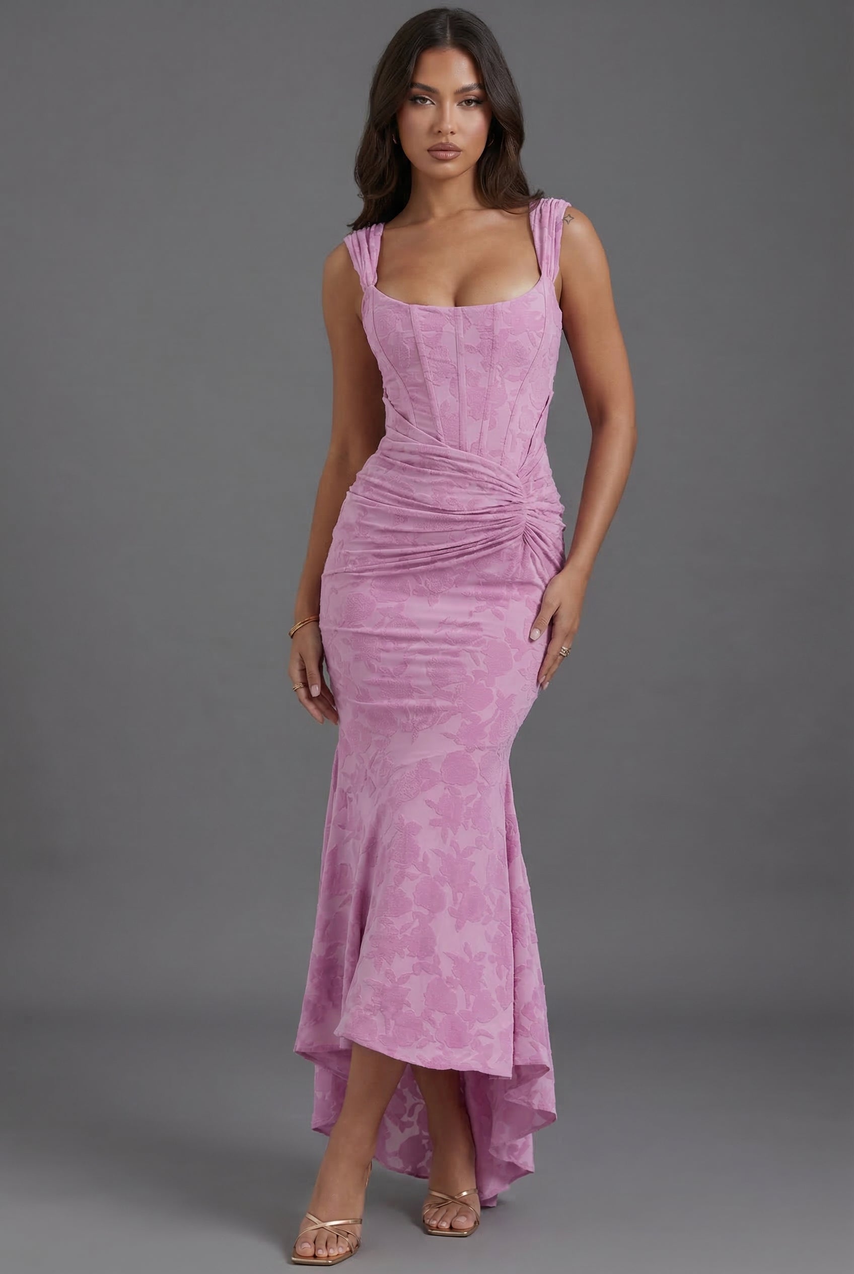 Floral Wedding Guest Corset Ruched Fishtail Dress