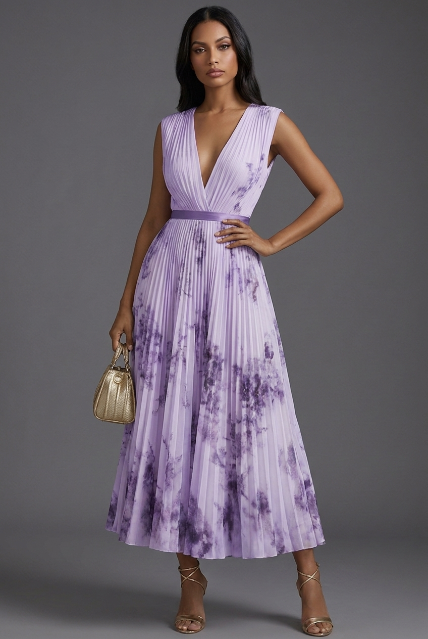 V-Neck Pleated Floral Midi Wedding Guest Dress