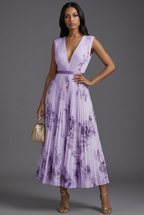 V-Neck Pleated Floral Midi Wedding Guest Dress