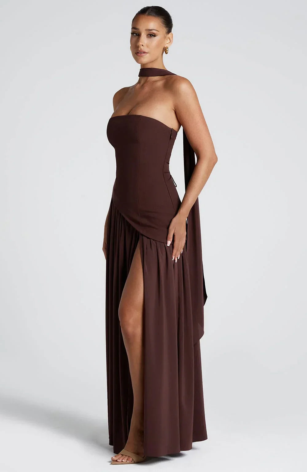 Strapless corset Maxi dress with scarf detail and high slit