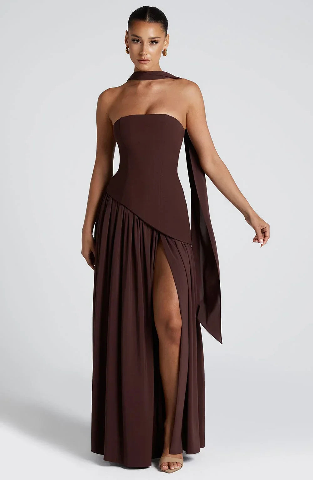Strapless corset Maxi dress with scarf detail and high slit