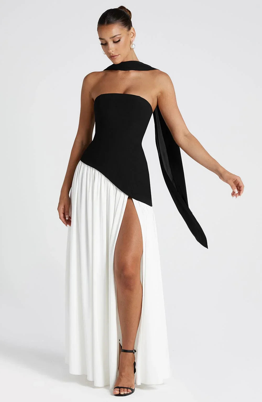 Strapless corset Maxi dress with scarf detail and high slit