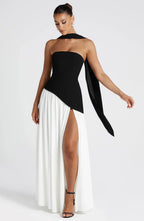 Strapless corset Maxi dress with scarf detail and high slit