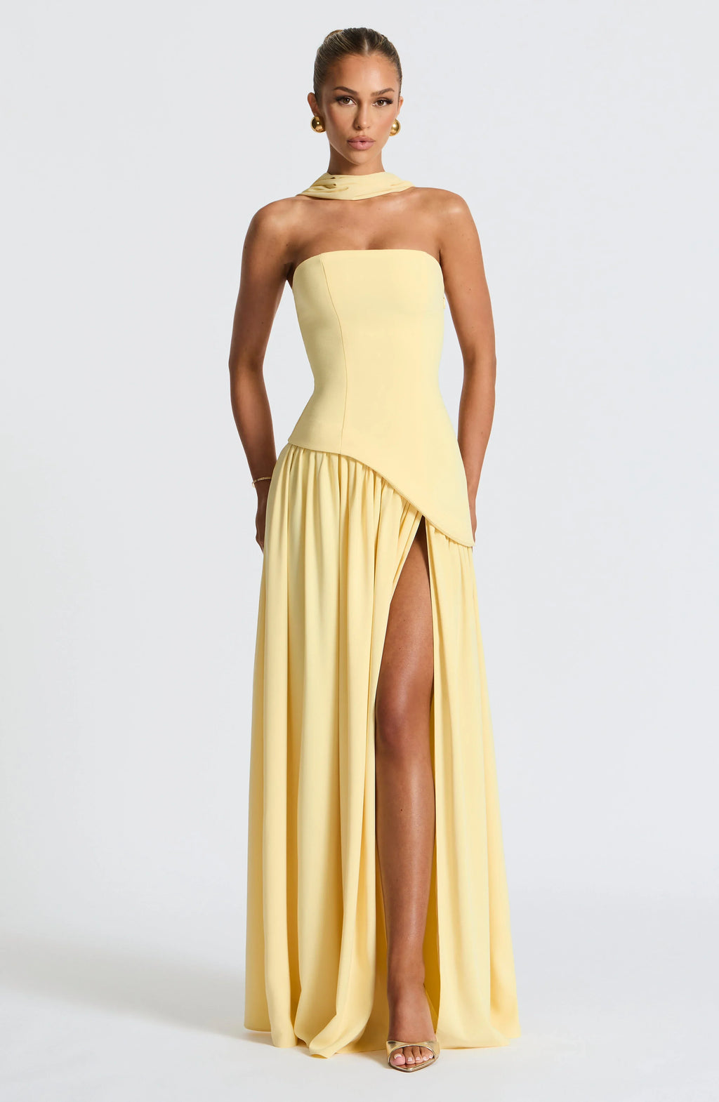 Strapless corset Maxi dress with scarf detail and high slit