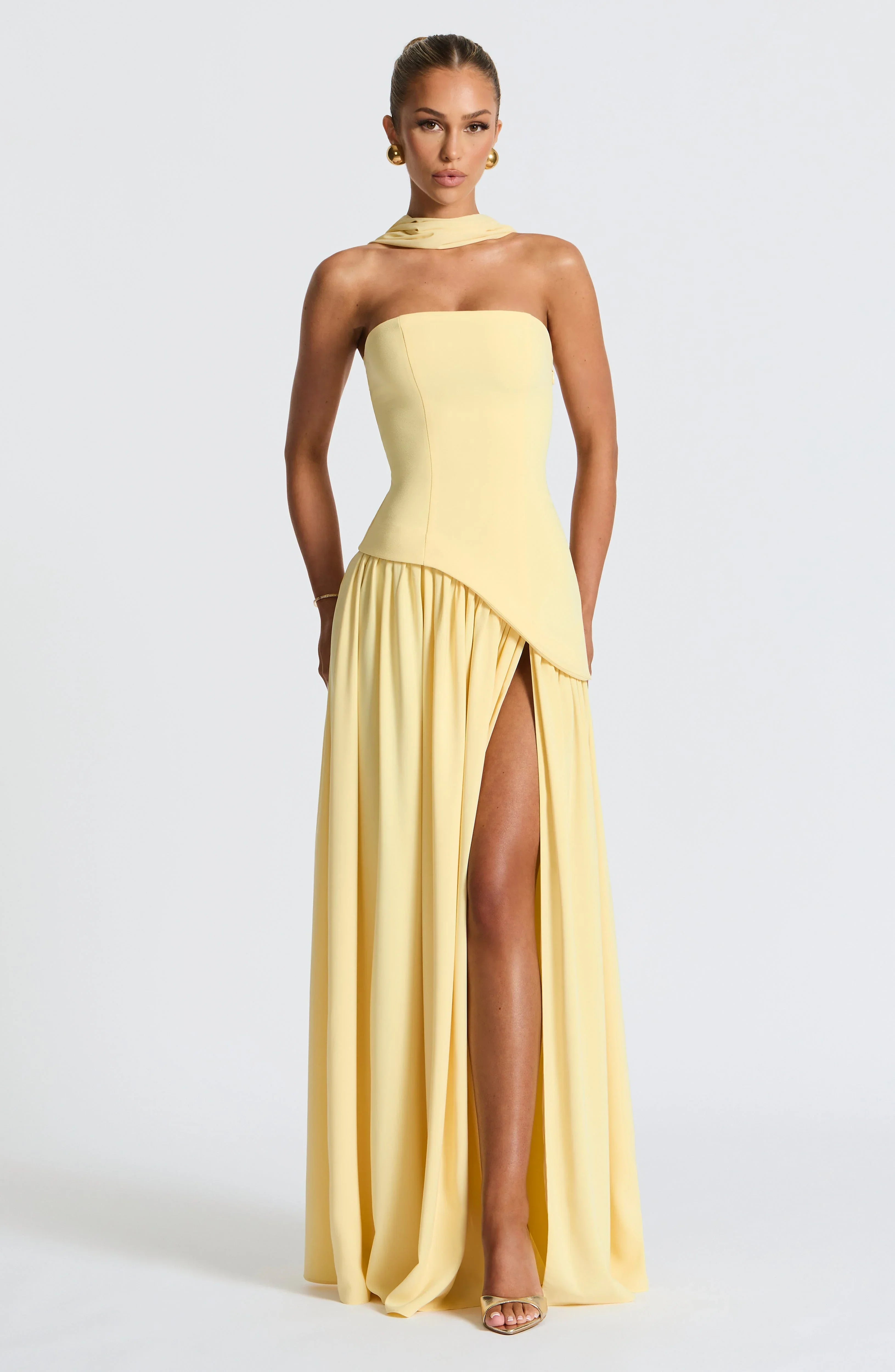 Strapless corset Maxi dress with scarf detail and high slit