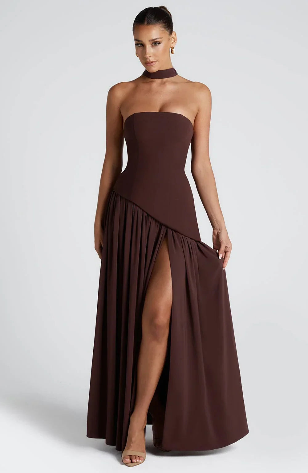 Strapless corset Maxi dress with scarf detail and high slit