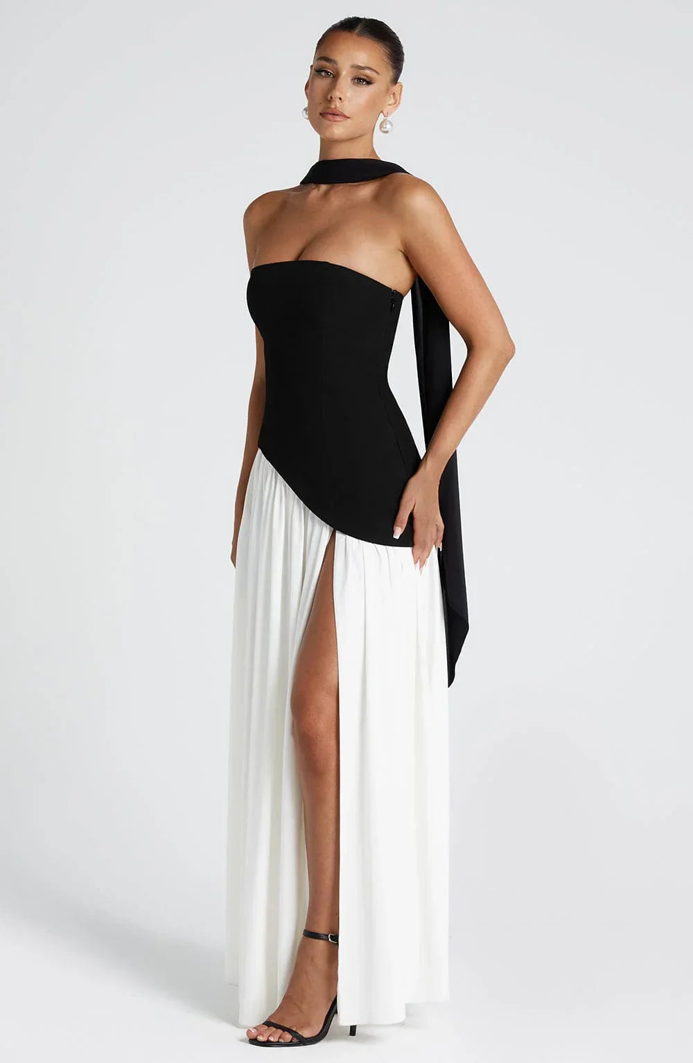 Strapless corset Maxi dress with scarf detail and high slit