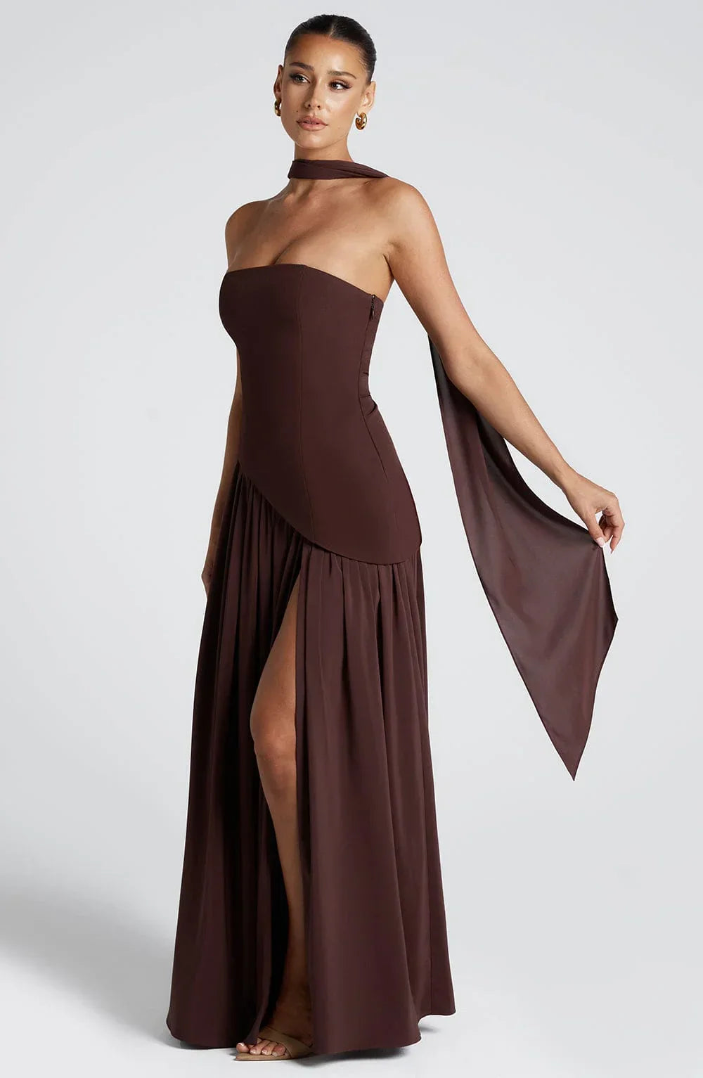Strapless corset Maxi dress with scarf detail and high slit