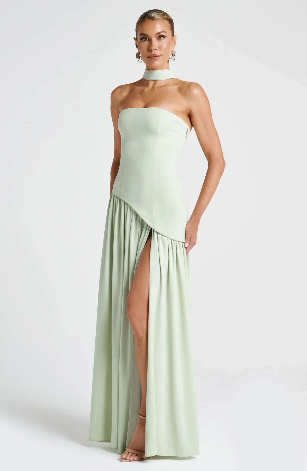 Strapless corset Maxi dress with scarf detail and high slit