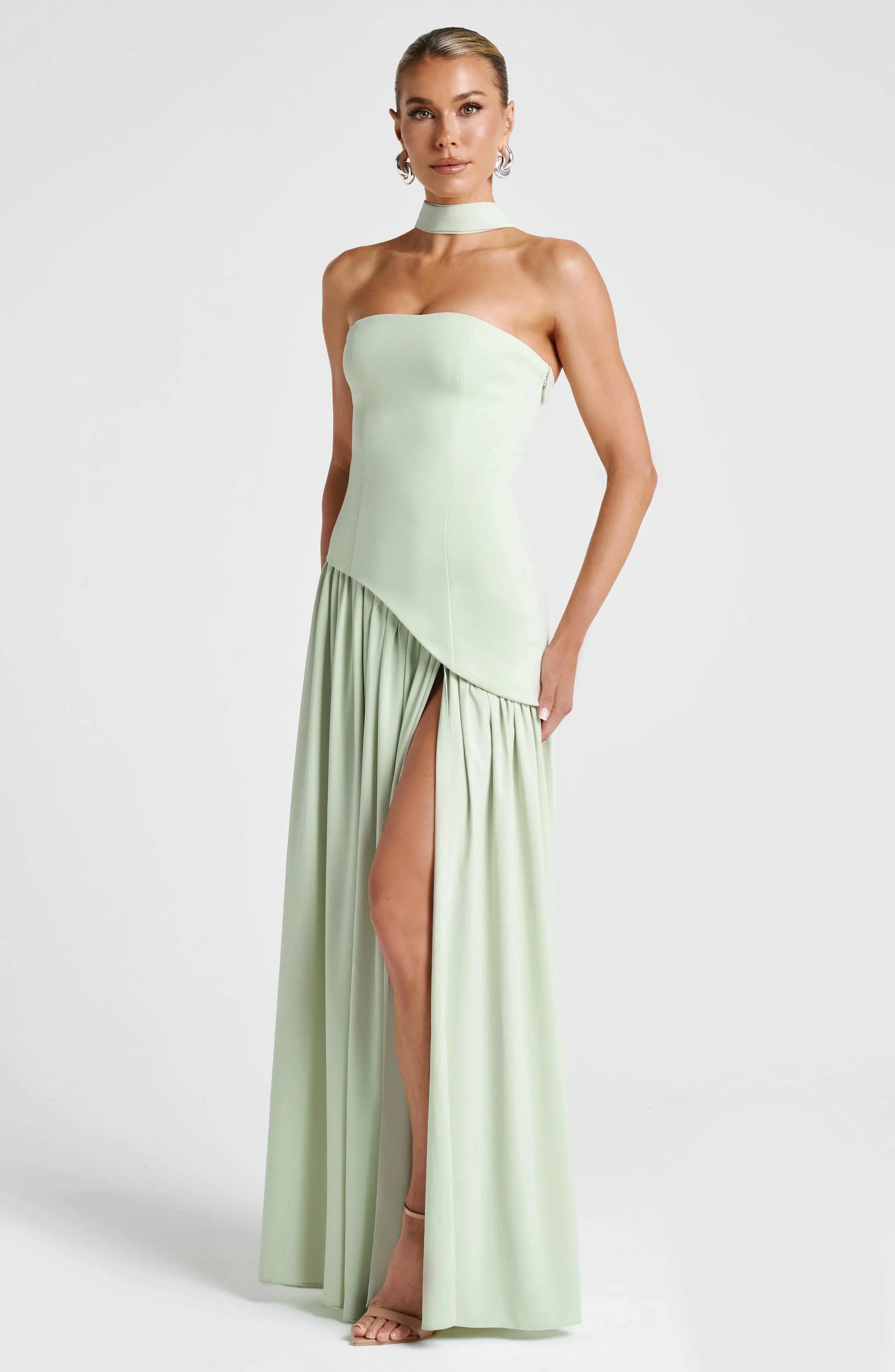 Strapless corset Maxi dress with scarf detail and high slit
