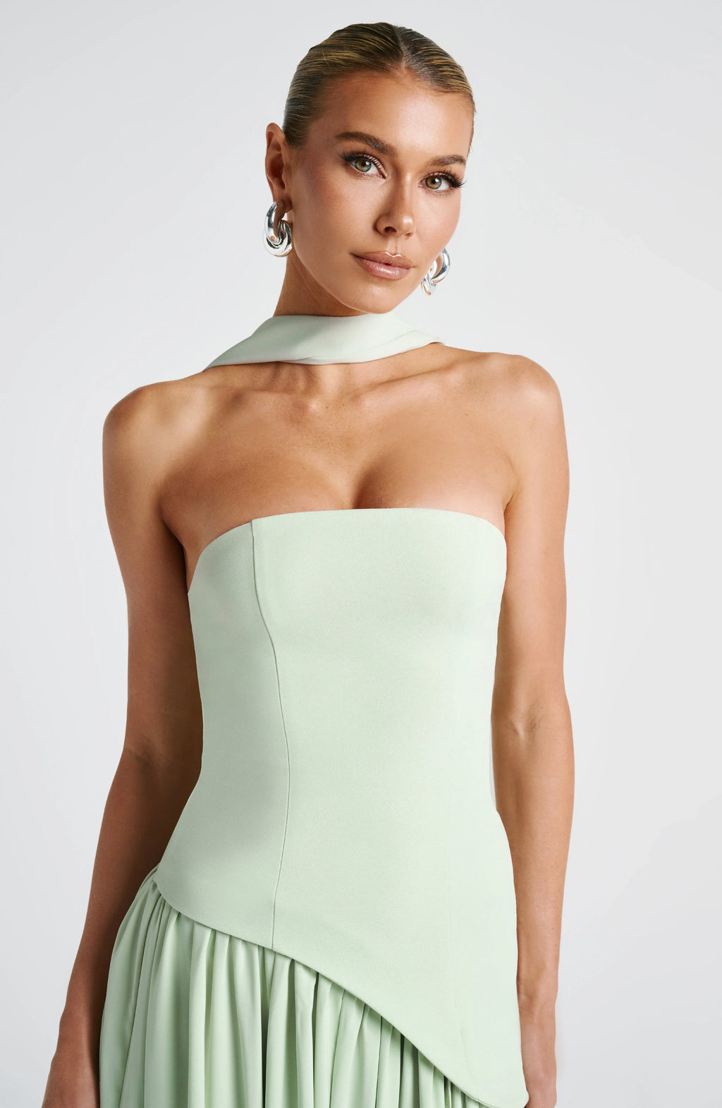 Strapless corset Maxi dress with scarf detail and high slit