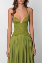 Women's green pleated corset Maxi dress