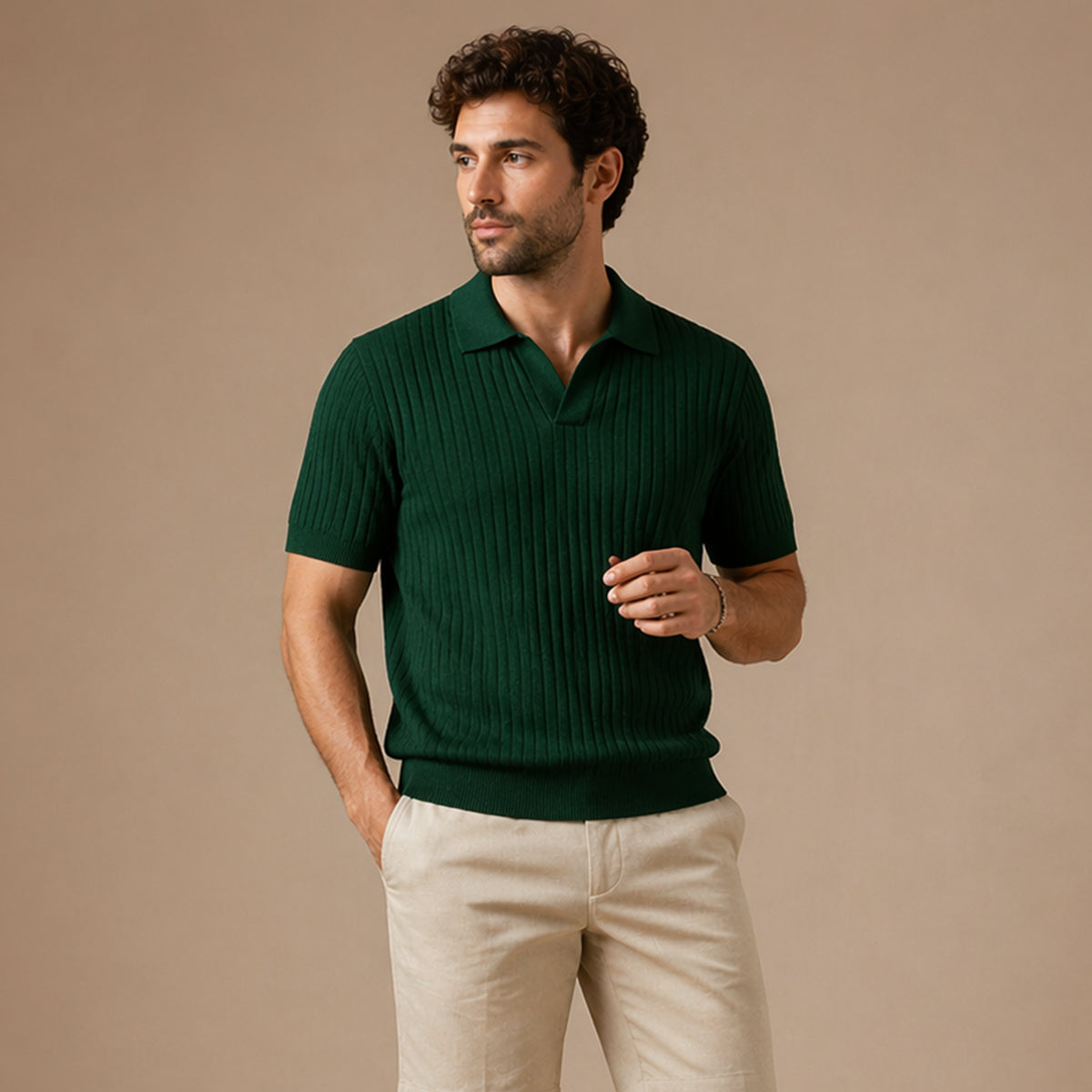 Ambrose | Men's Ribbed Knitted Short Sleeve V-Neck Polo