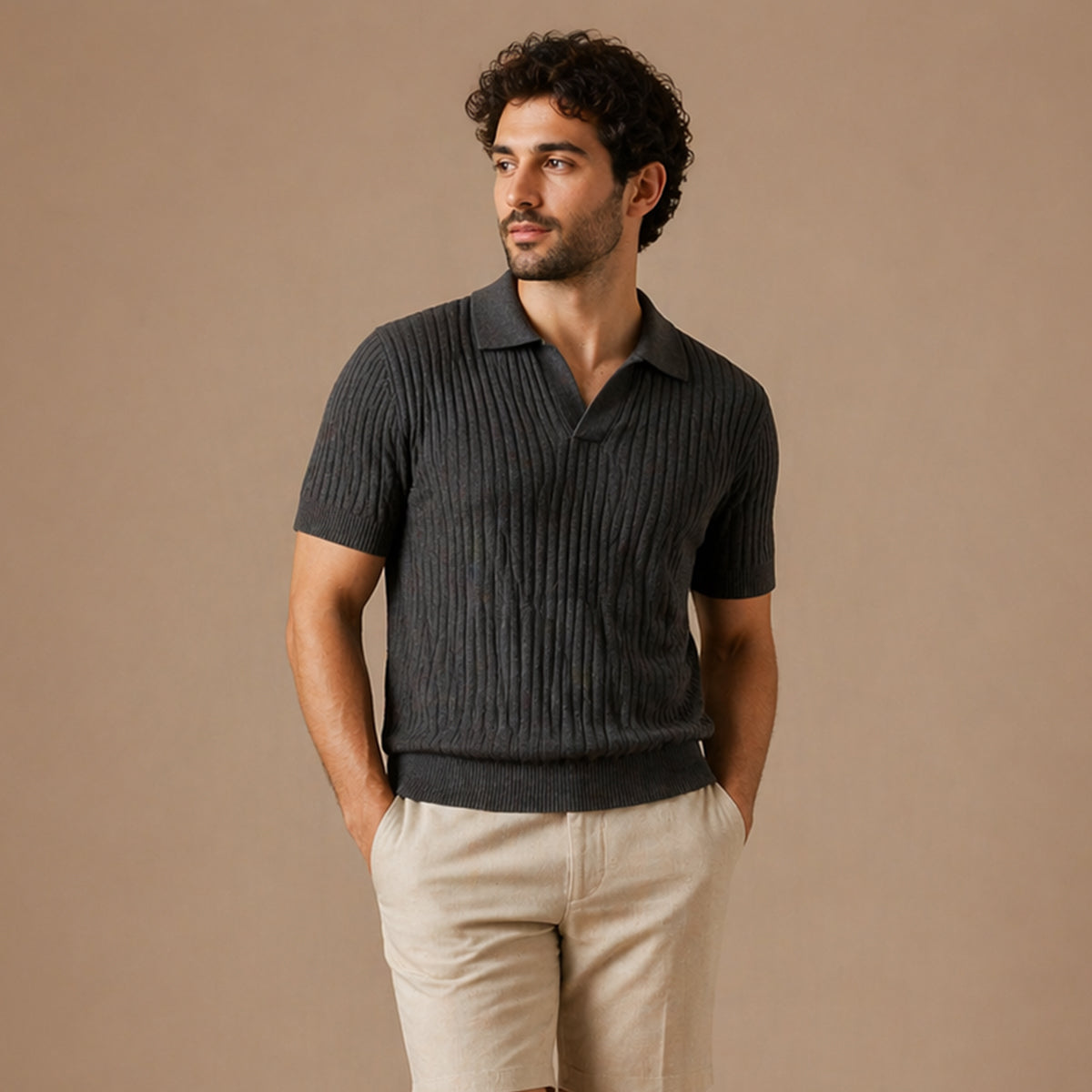 Ambrose | Men's Ribbed Knitted Short Sleeve V-Neck Polo