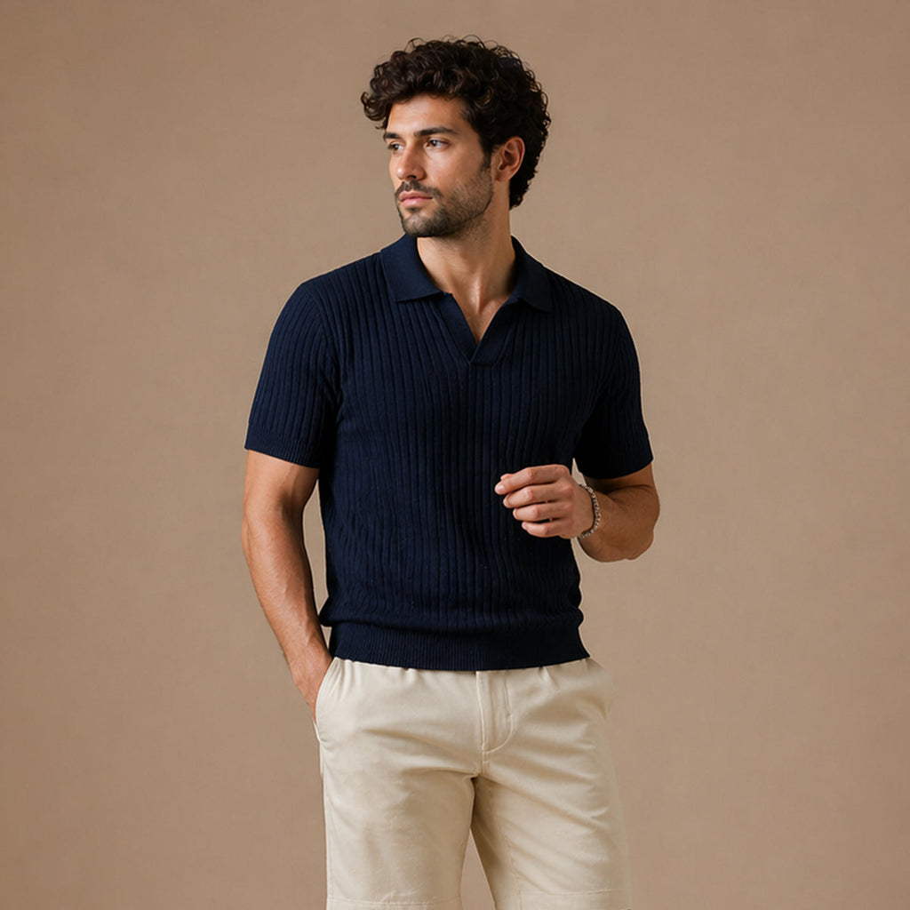 Ambrose | Men's Ribbed Knitted Short Sleeve V-Neck Polo