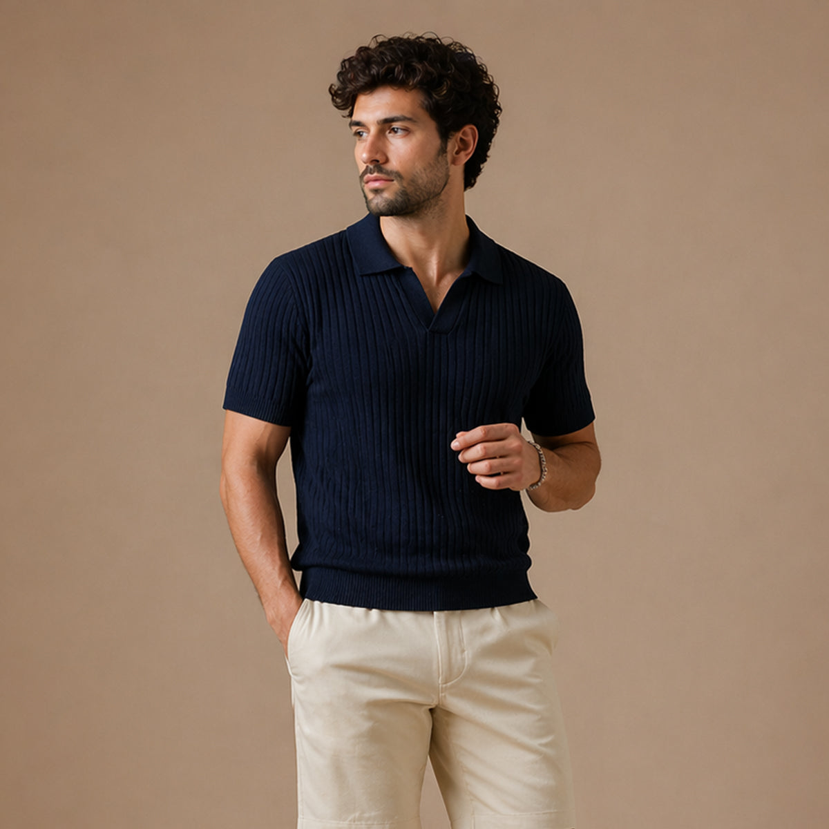 Ambrose | Men's Ribbed Knitted Short Sleeve V-Neck Polo