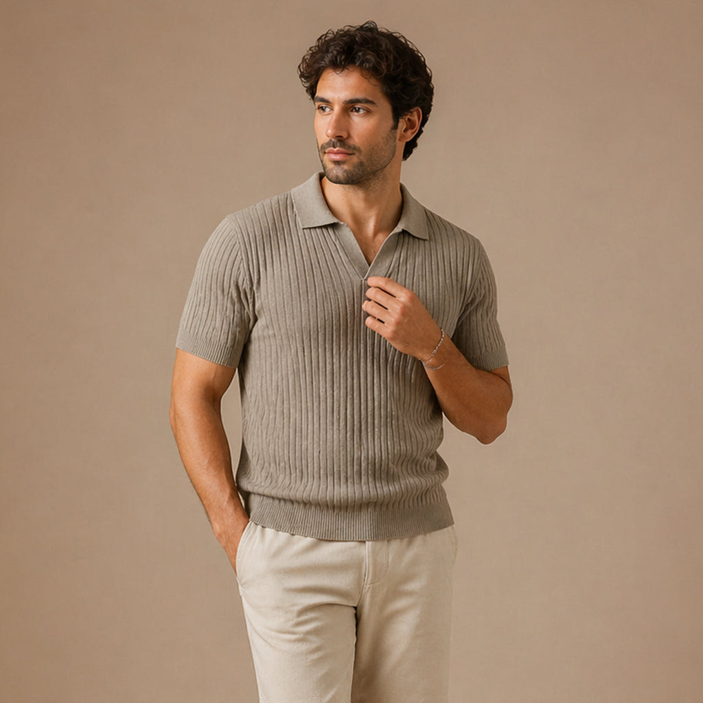 Ambrose | Men's Ribbed Knitted Short Sleeve V-Neck Polo