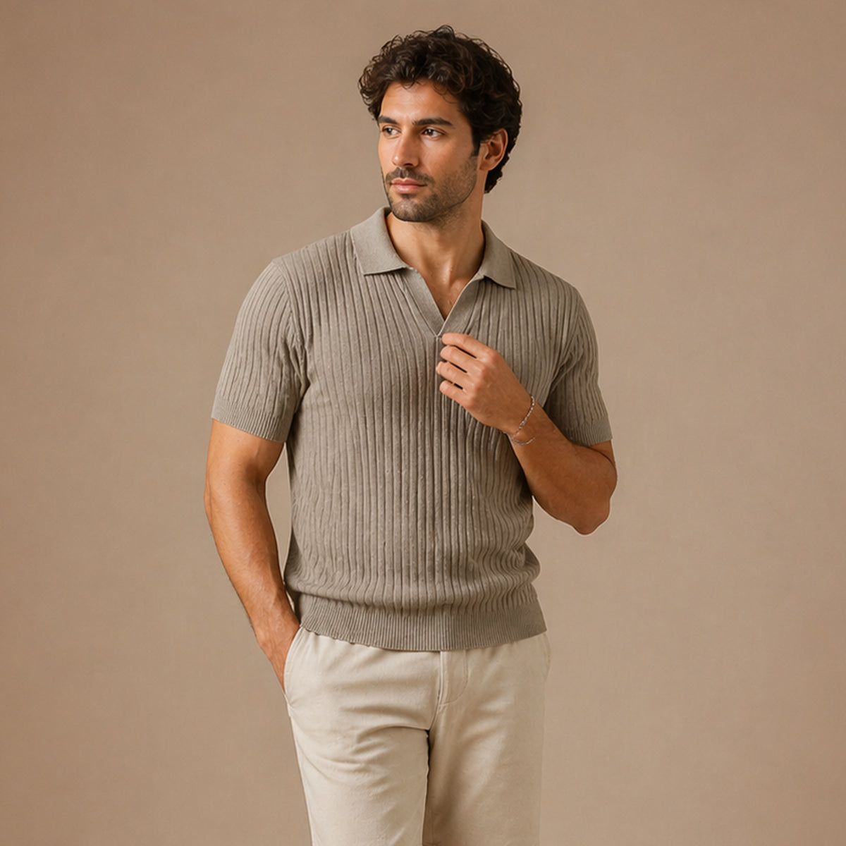 Ambrose | Men's Ribbed Knitted Short Sleeve V-Neck Polo