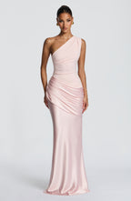 One Shoulder Ruched Draped Satin Style Graduation Dress
