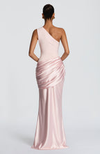 One Shoulder Ruched Draped Satin Style Graduation Dress