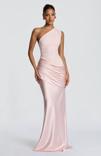 One Shoulder Ruched Draped Satin Style Graduation Dress