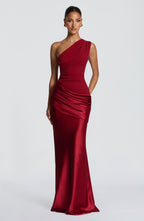 One Shoulder Ruched Draped Satin Style Graduation Dress