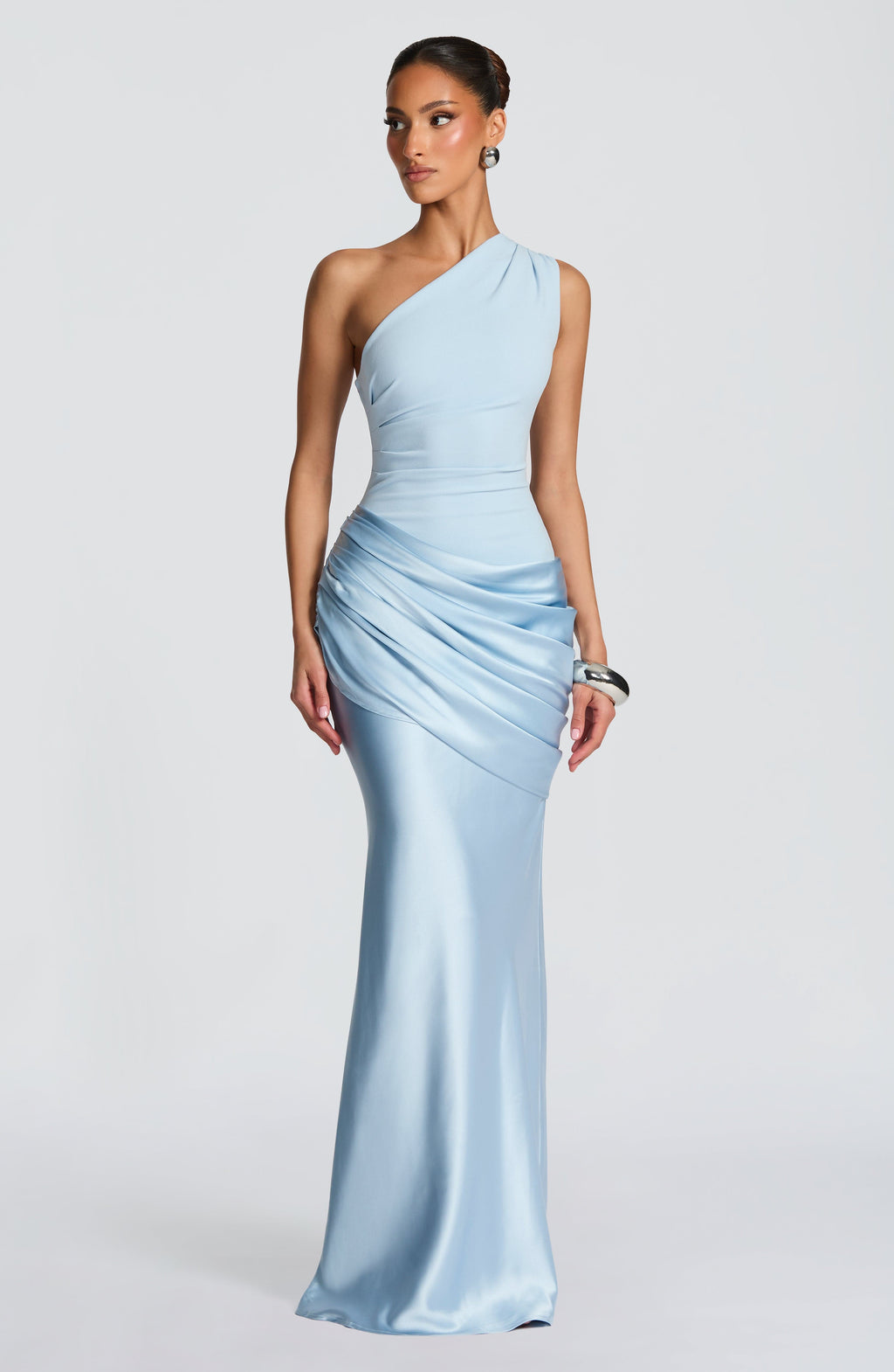 One Shoulder Ruched Draped Satin Style Graduation Dress