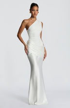 One Shoulder Ruched Draped Satin Style Graduation Dress