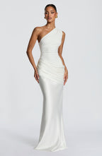 One Shoulder Ruched Draped Satin Style Graduation Dress