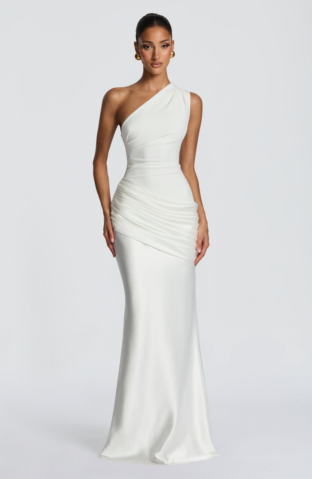 One Shoulder Ruched Draped Satin Style Graduation Dress