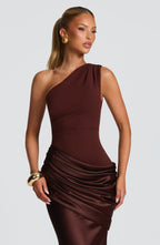 One Shoulder Ruched Draped Satin Style Graduation Dress