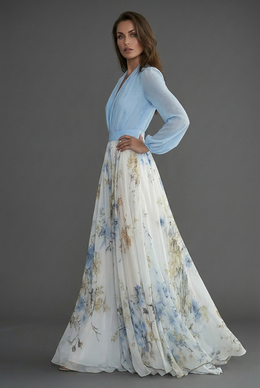 Women’s Elegant Floral Chiffon Style White Maxi Dress