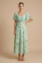 Women's Floral Maxi Dress Square Neck Flutter Sleeve