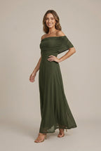 Women's Off Shoulder Ruched Mesh Maxi Dress