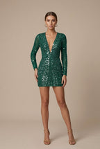 Women's Sequin Mini Dress - Deep V-Neck Long Sleeve Bodycon