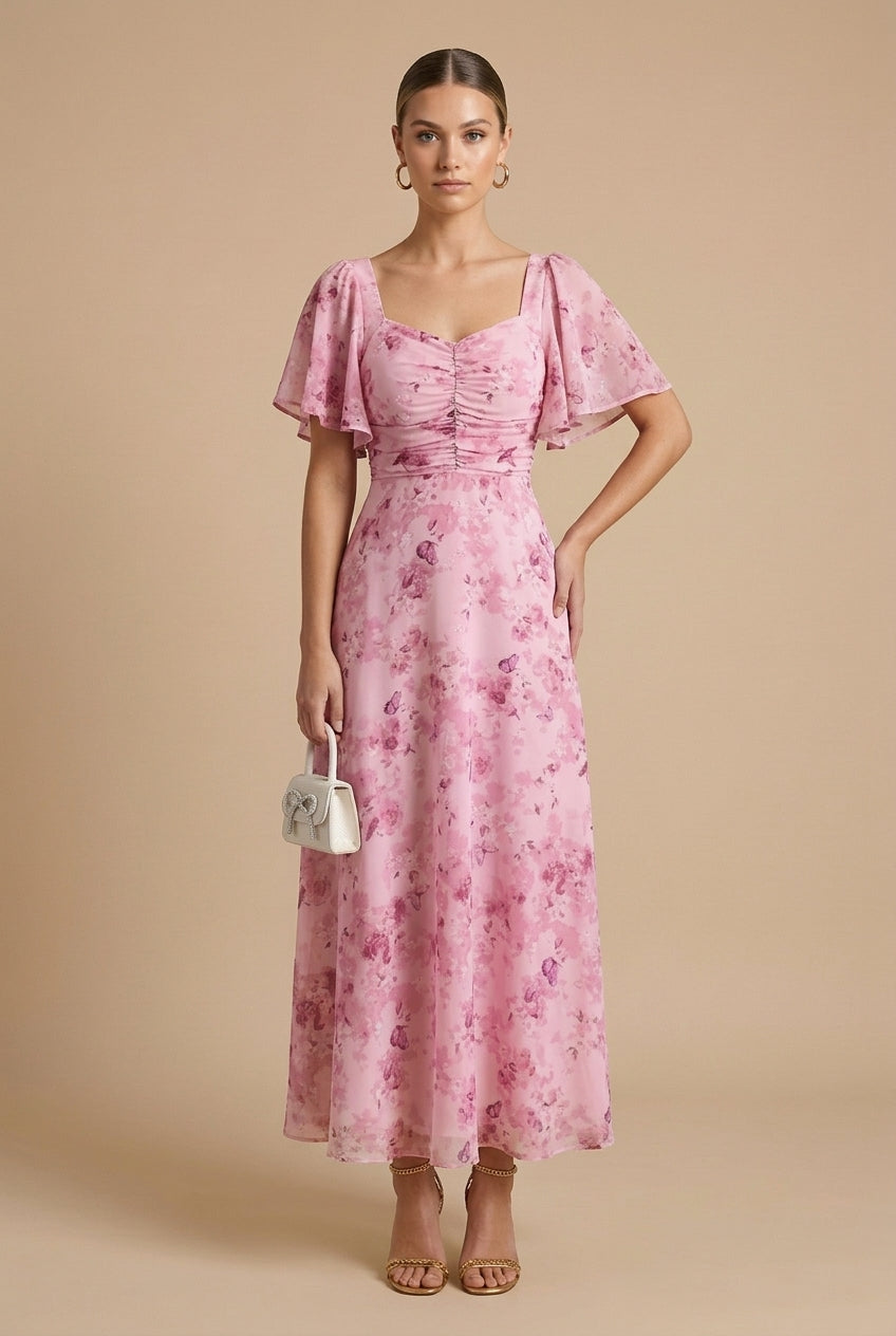 Women's Floral Maxi Dress Square Neck Flutter Sleeve