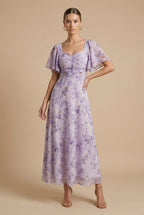 Women's Floral Maxi Dress Square Neck Flutter Sleeve