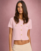 Ivy | Gold Button-Front Faux Pocket Cropped Knit Top
