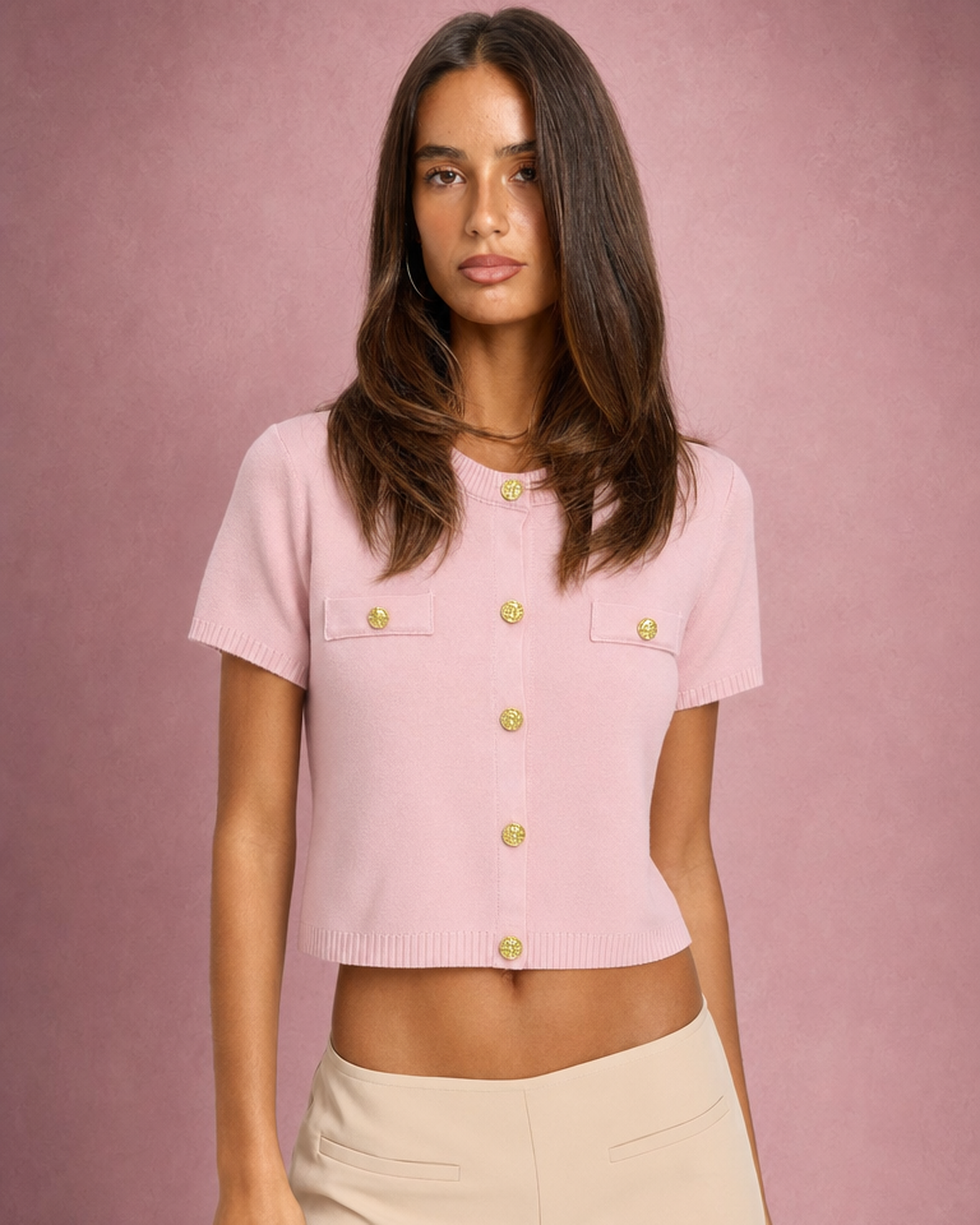 Ivy | Gold Button-Front Faux Pocket Cropped Knit Top